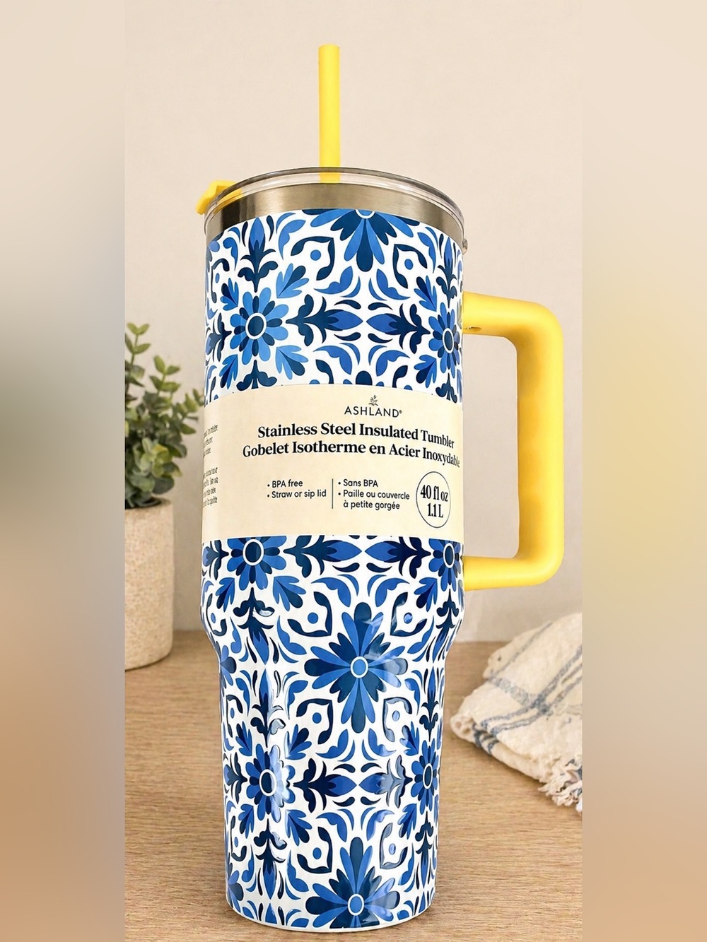Ashland Blue Floral Stainless Steel Tumbler with Yellow Handle